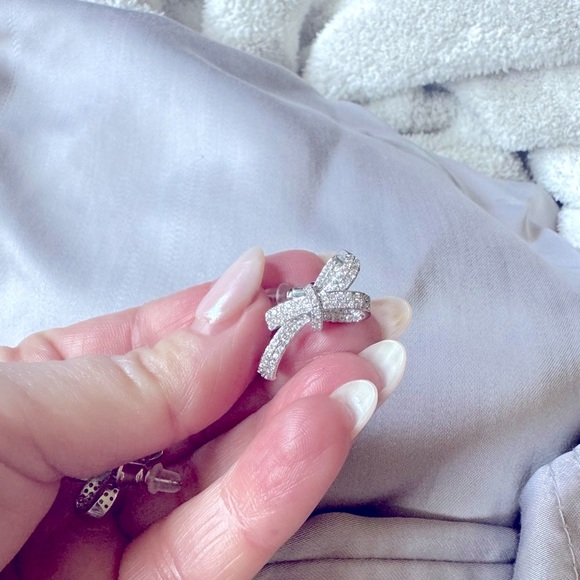 Pretty Platinum Crystal Bow Earrings - Picture 4 of 4